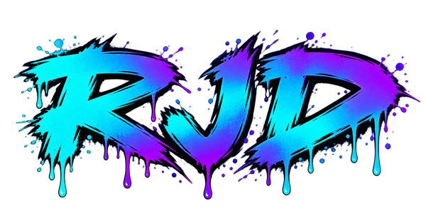 RJD graffiti lettering in electric cyan, blue and purple